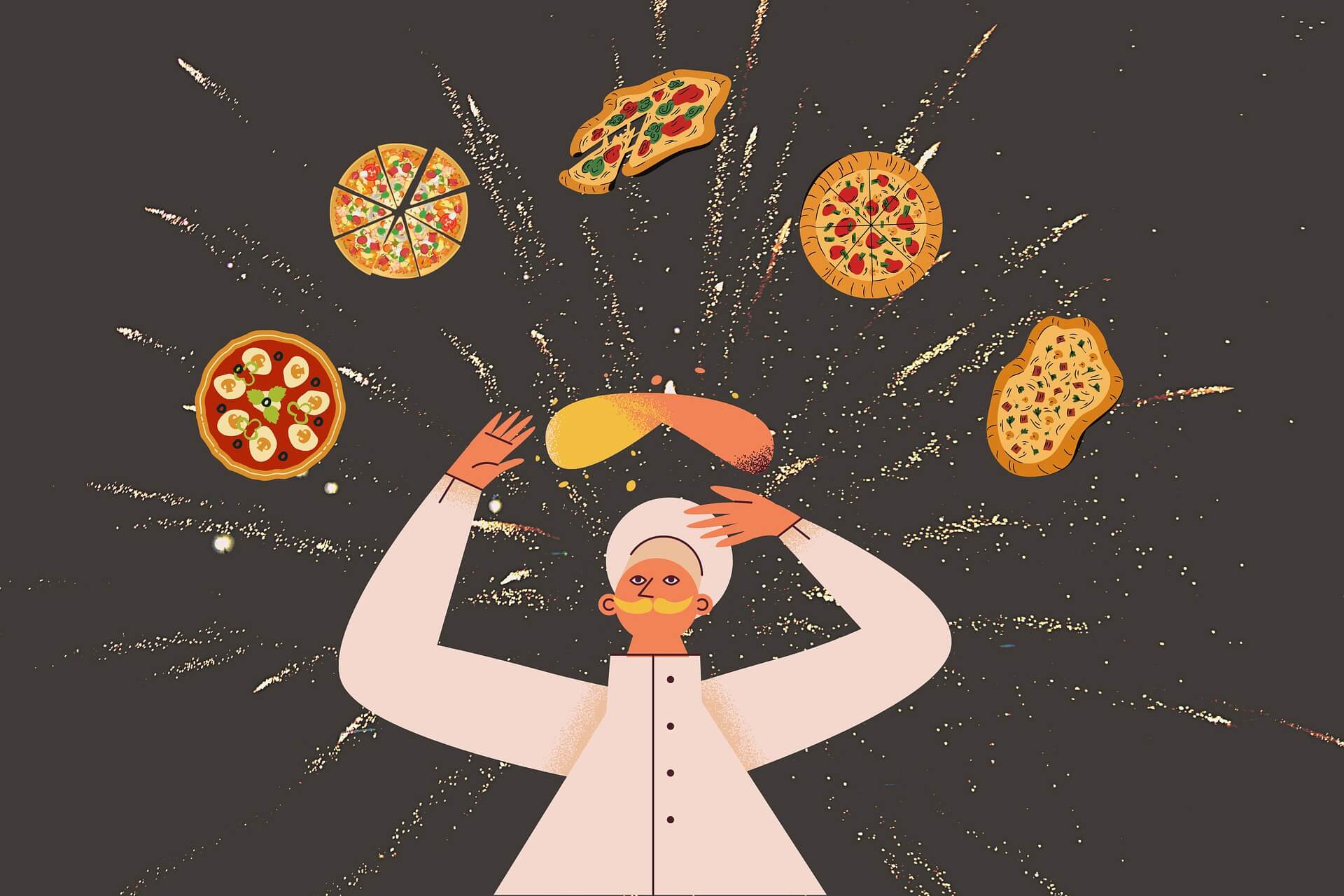 cartoon master-chef making different pizzas