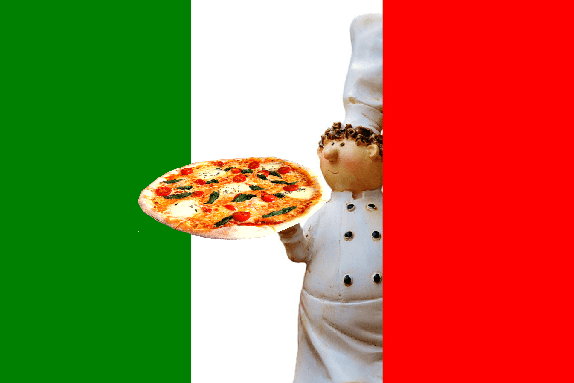 animated chef holding a pizza behind italian flag colours depicting its origin