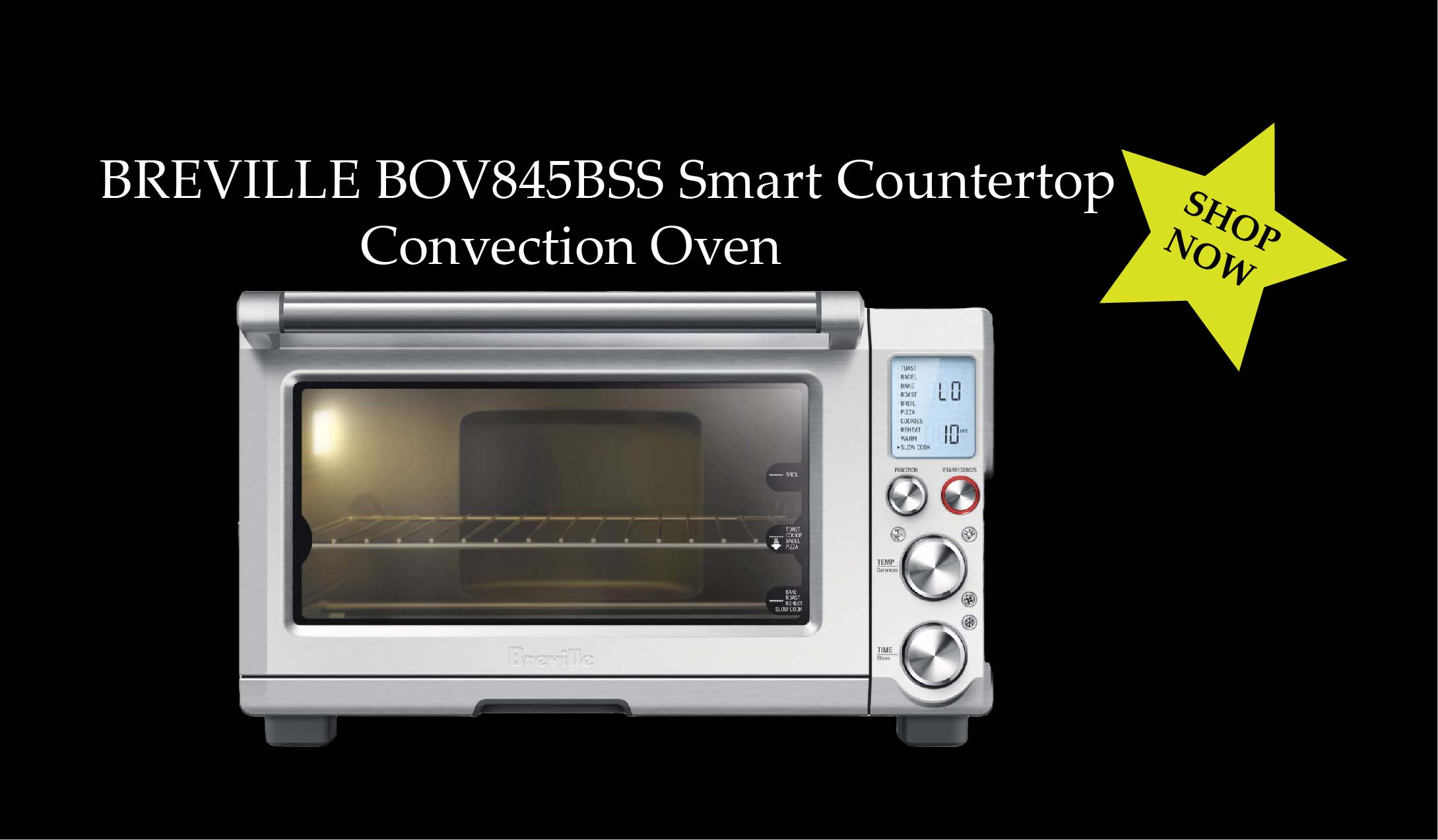 Breville BOV845BSS smart countertop convection oven with black background