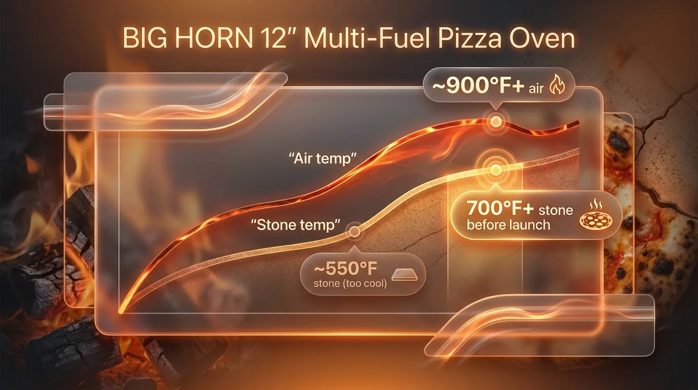 Infographic comparing air temperature to stone temperature inside a wood-fired pizza oven over time