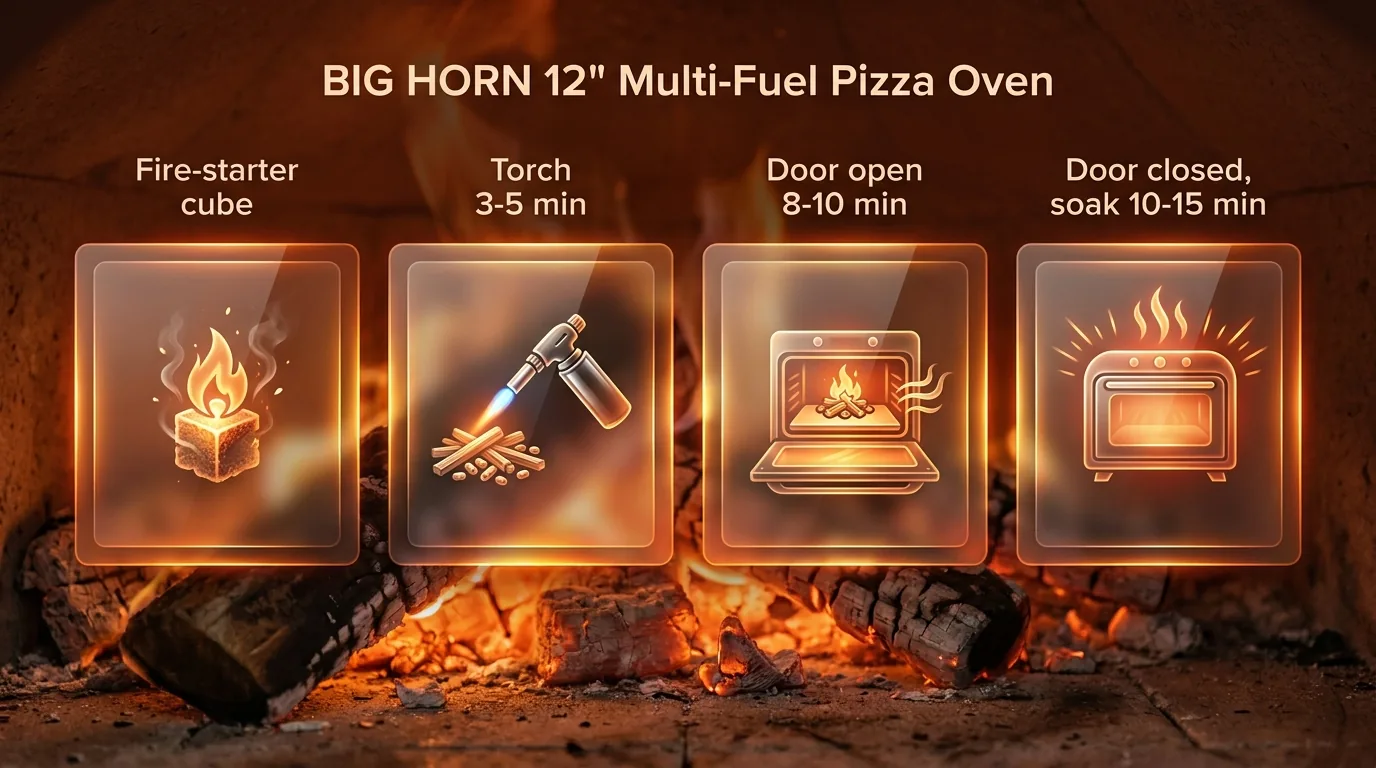 Four-step process diagram for lighting wood pellets in an outdoor pizza oven