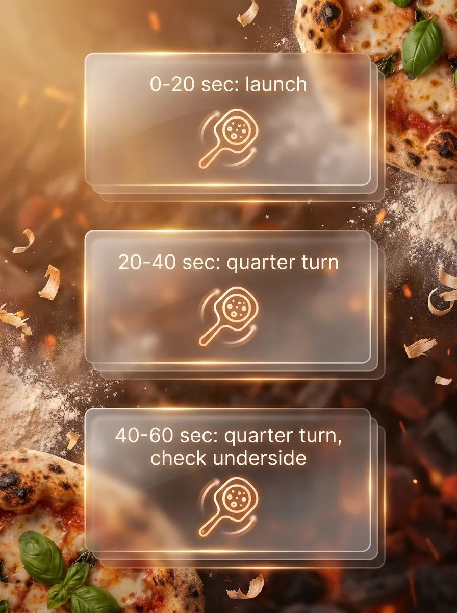 Vertical flowchart showing when to turn a pizza during a fast high-heat bake