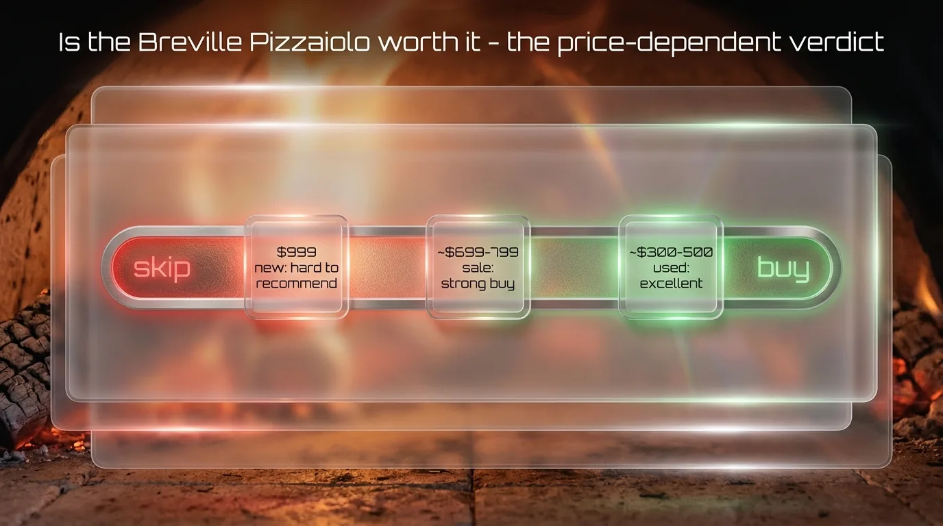 Infographic: the Breville Pizzaiolo verdict is price-dependent - hard to recommend at $999, a strong buy at $699-799 on sale, excellent used at $300-500