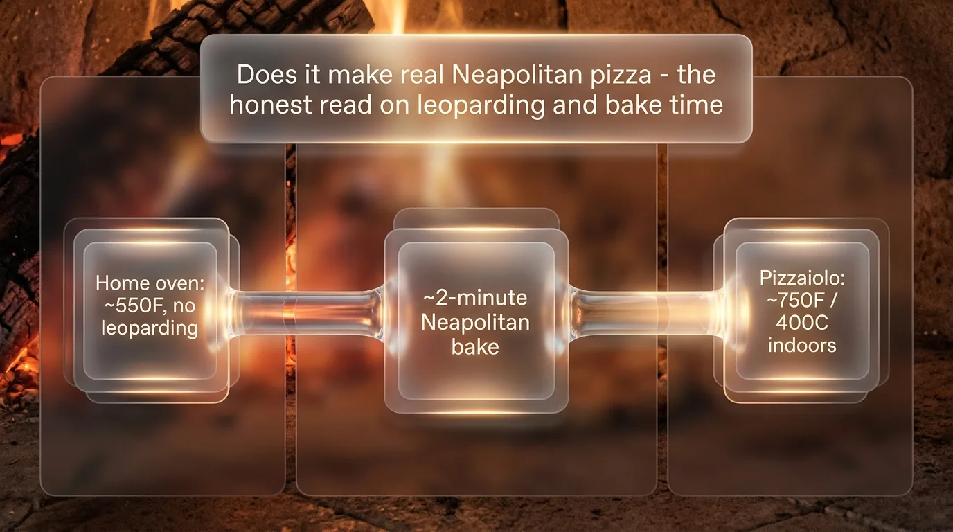 Infographic: the Breville Pizzaiolo reaches about 750F indoors versus a home oven's 550F, baking a Neapolitan in about 2 minutes with real leoparding