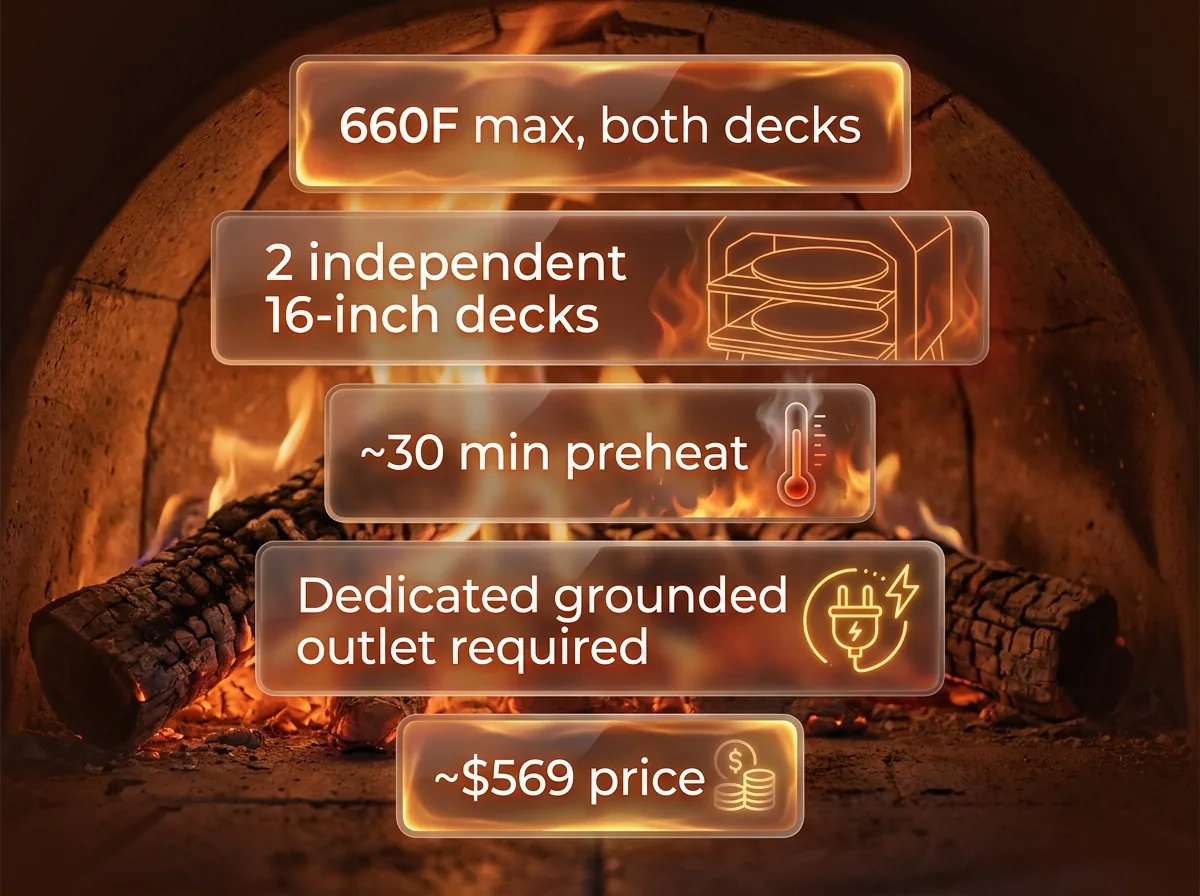 Glassmorphic infographic listing the CROSSON double deck pizza oven's key specs including 660F max temperature and 30 minute preheat