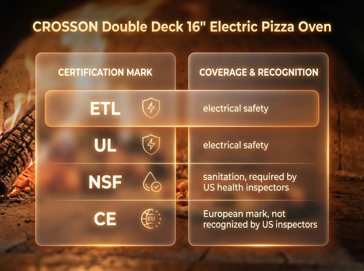 Glassmorphic infographic comparing ETL, UL, NSF, and CE certification marks and what each one actually covers