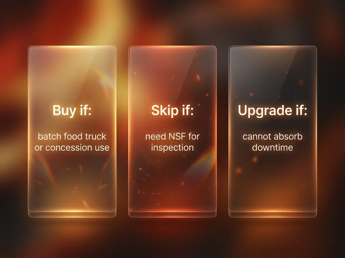 Glassmorphic three-column decision infographic showing when to buy, skip, or upgrade from the CROSSON double deck pizza oven