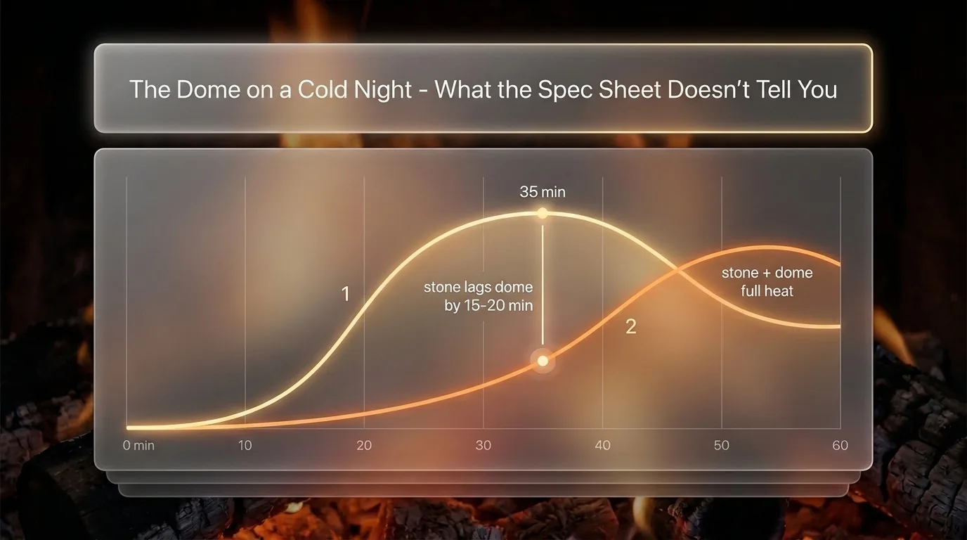 Infographic comparing a 50-55 minute full heat-up time against a faster 35-minute usable-bake time on a glowing timeline