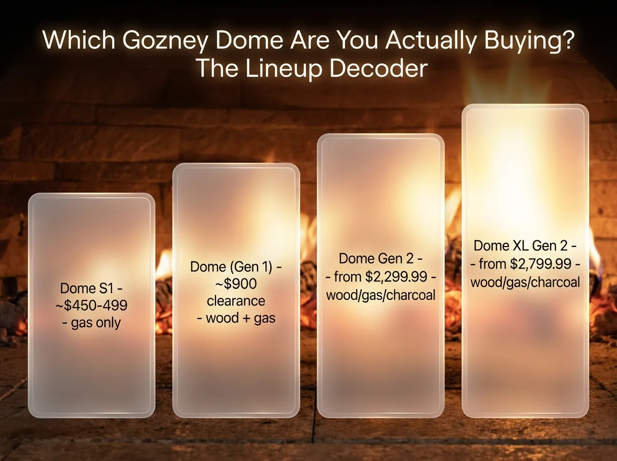 Four glass panels comparing the Dome S1, Dome Gen 1, Dome Gen 2, and Dome XL Gen 2 by price and fuel type