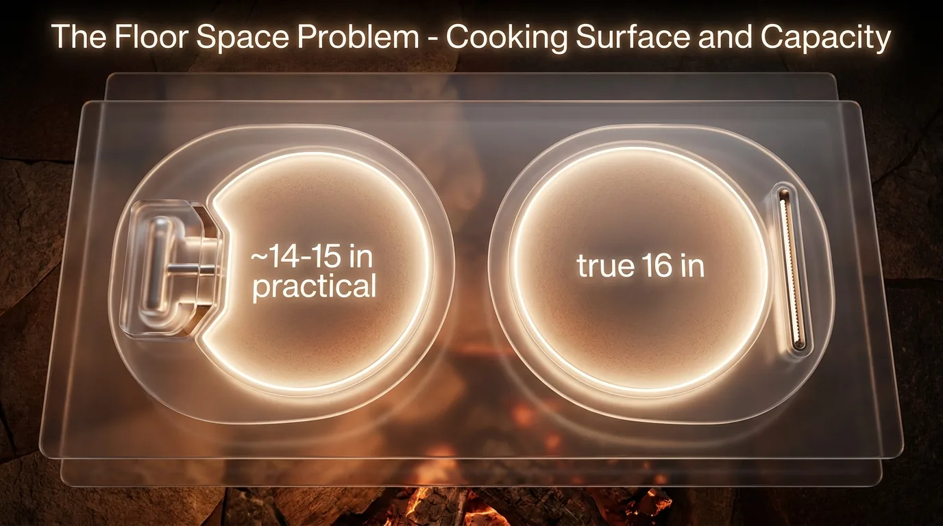 Top-down diagram comparing a corner-burner oven floor with 14-15 inch usable space to a side-burner floor with a true 16 inch usable space