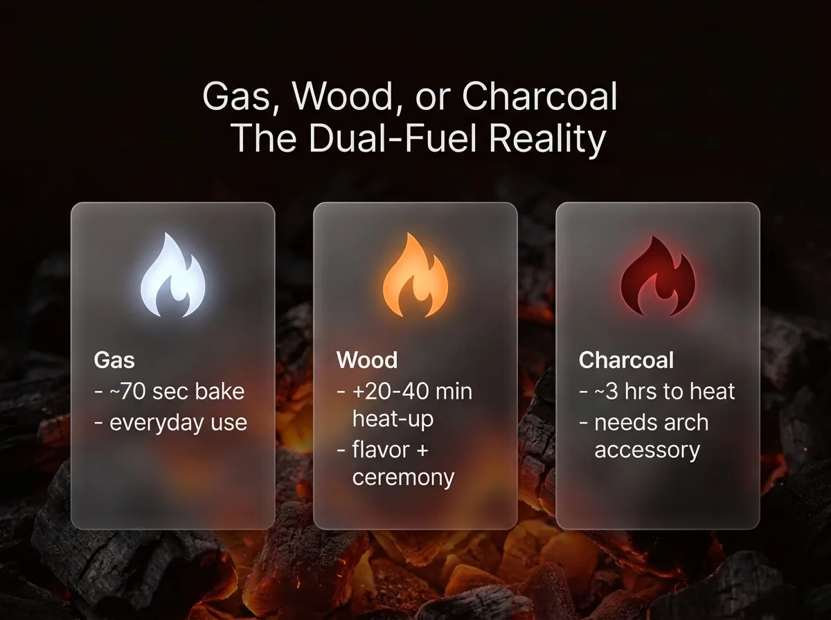 Three glass cards comparing gas, wood, and charcoal fuel by bake time, heat-up time, and accessory needs