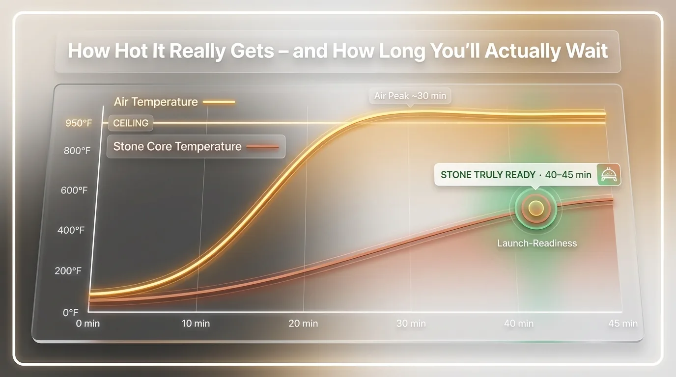 Curve chart of Roccbox air temperature versus stone core temperature over 45 minutes, showing air peaking near 30 minutes while the stone is only truly launch-ready at 40 to 45 minutes