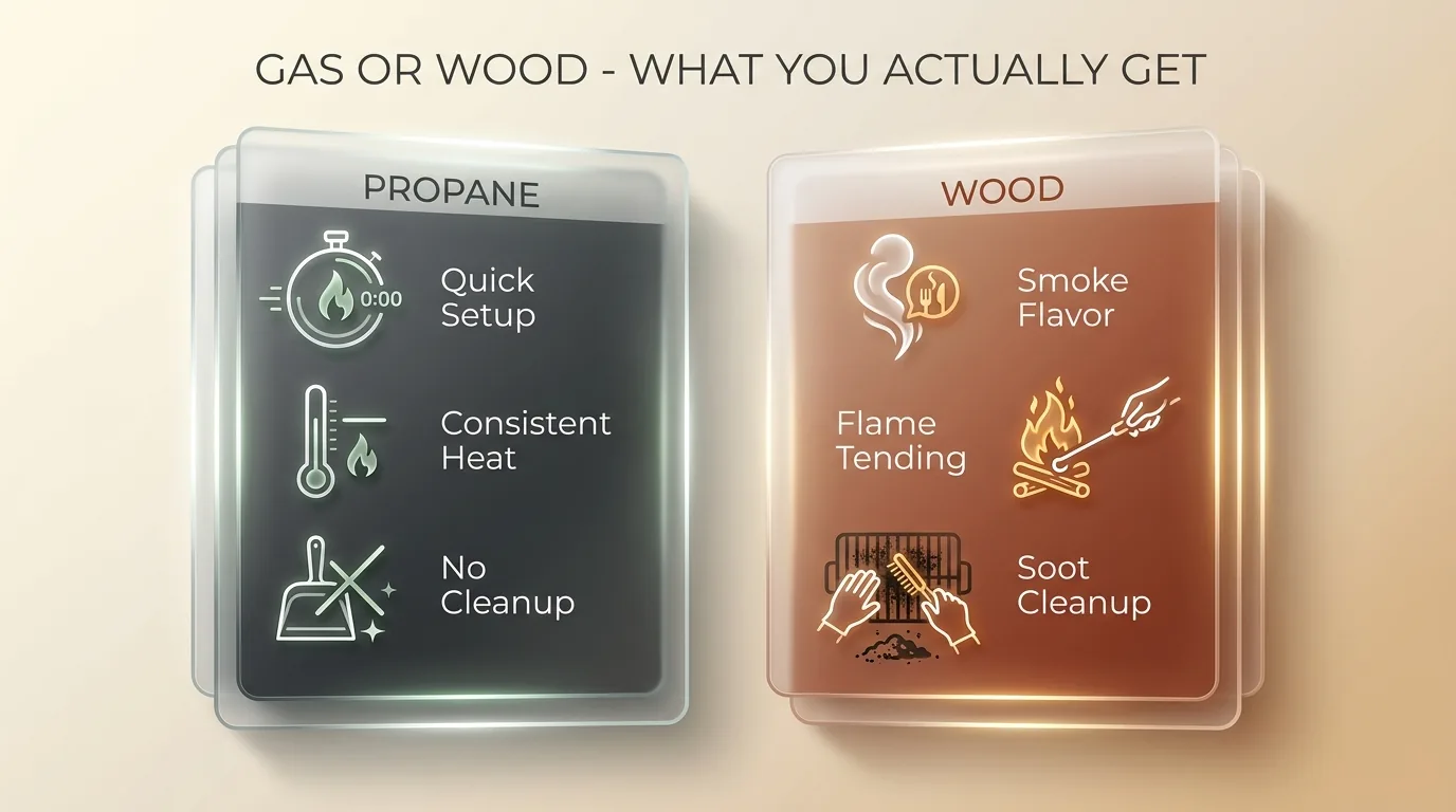 Side-by-side comparison of propane versus wood firing for the Roccbox: propane gives quick setup, consistent heat and no cleanup, while wood adds smoke flavor but demands flame tending and soot cleanup
