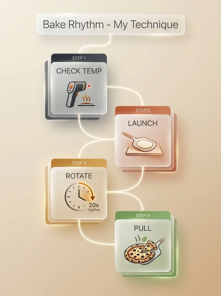 Four-step Roccbox bake rhythm: step one check the stone temperature, step two launch the pizza, step three rotate a quarter turn every 20 seconds, step four pull the finished pizza
