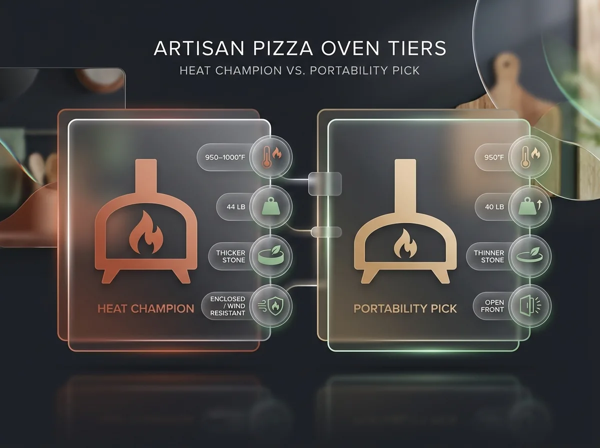 Two-tier pizza oven comparison: the heat champion runs 950 to 1000F, weighs 44 pounds, has a thicker stone and an enclosed wind-resistant body, versus the portability pick at 950F, 40 pounds, a thinner stone and an open front