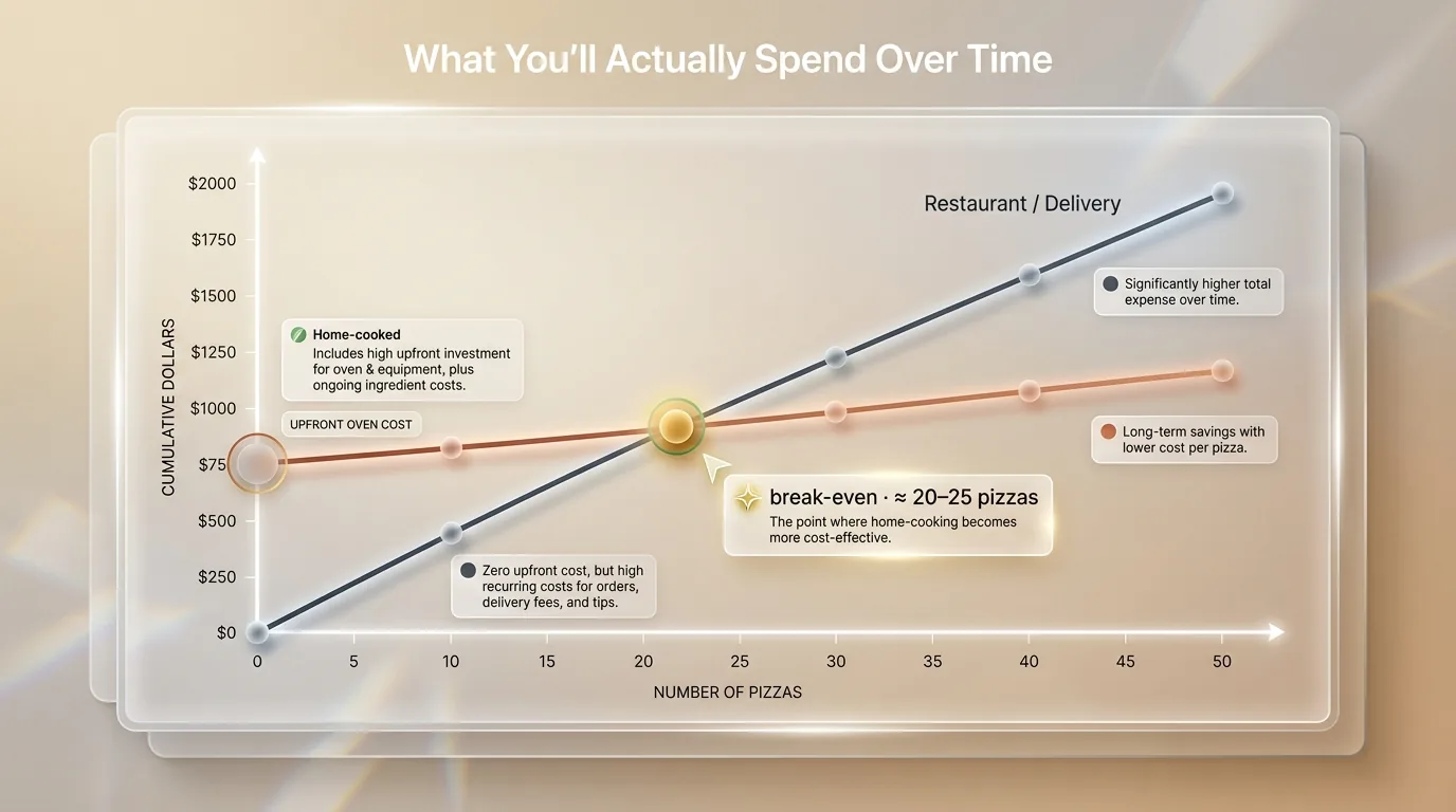 Line chart of cumulative cost over number of pizzas, home-cooked versus restaurant and delivery, with the two lines crossing at a break-even of roughly 20 to 25 pizzas