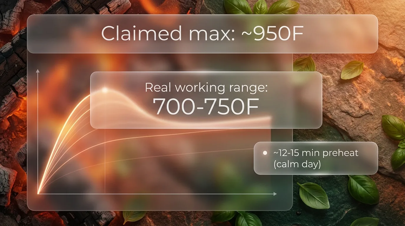 Glassmorphic infographic comparing claimed max oven temperature to real-world working temperature range