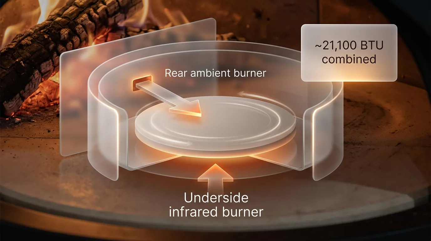 Diagram of a dual-burner pizza oven with a rotating stone showing rear ambient and underside infrared heat sources