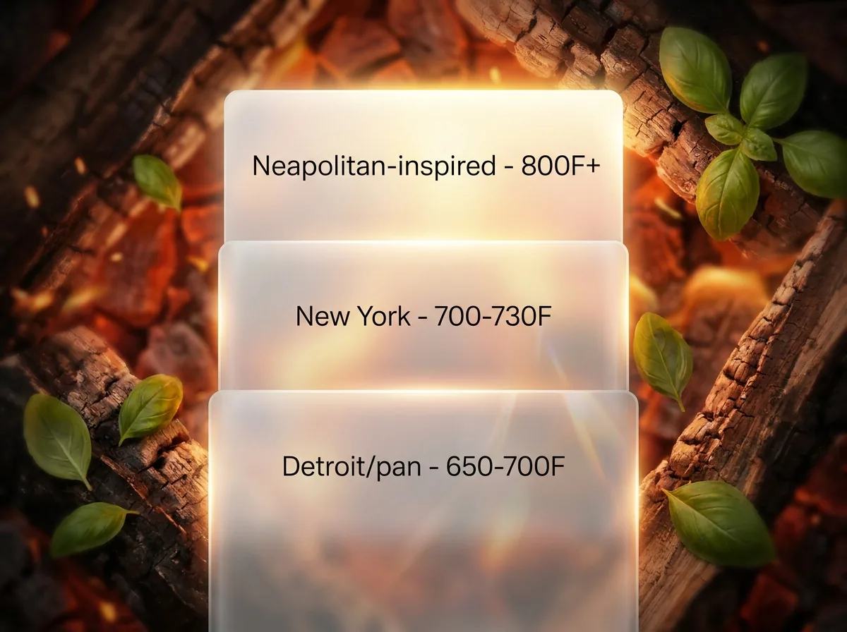 Infographic mapping pizza styles to their ideal stone temperature ranges