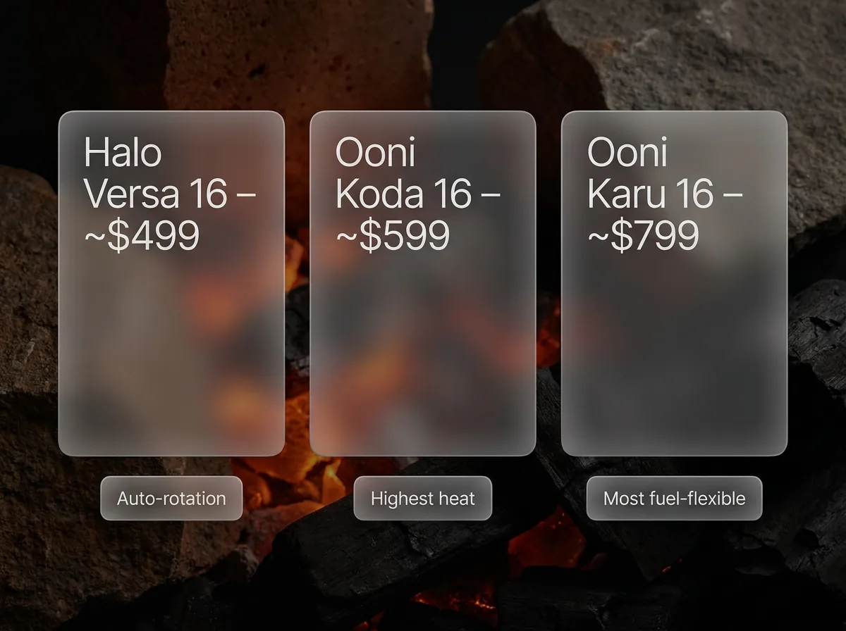 Three-column comparison card for Halo Versa 16, Ooni Koda 16, and Ooni Karu 16 pizza ovens