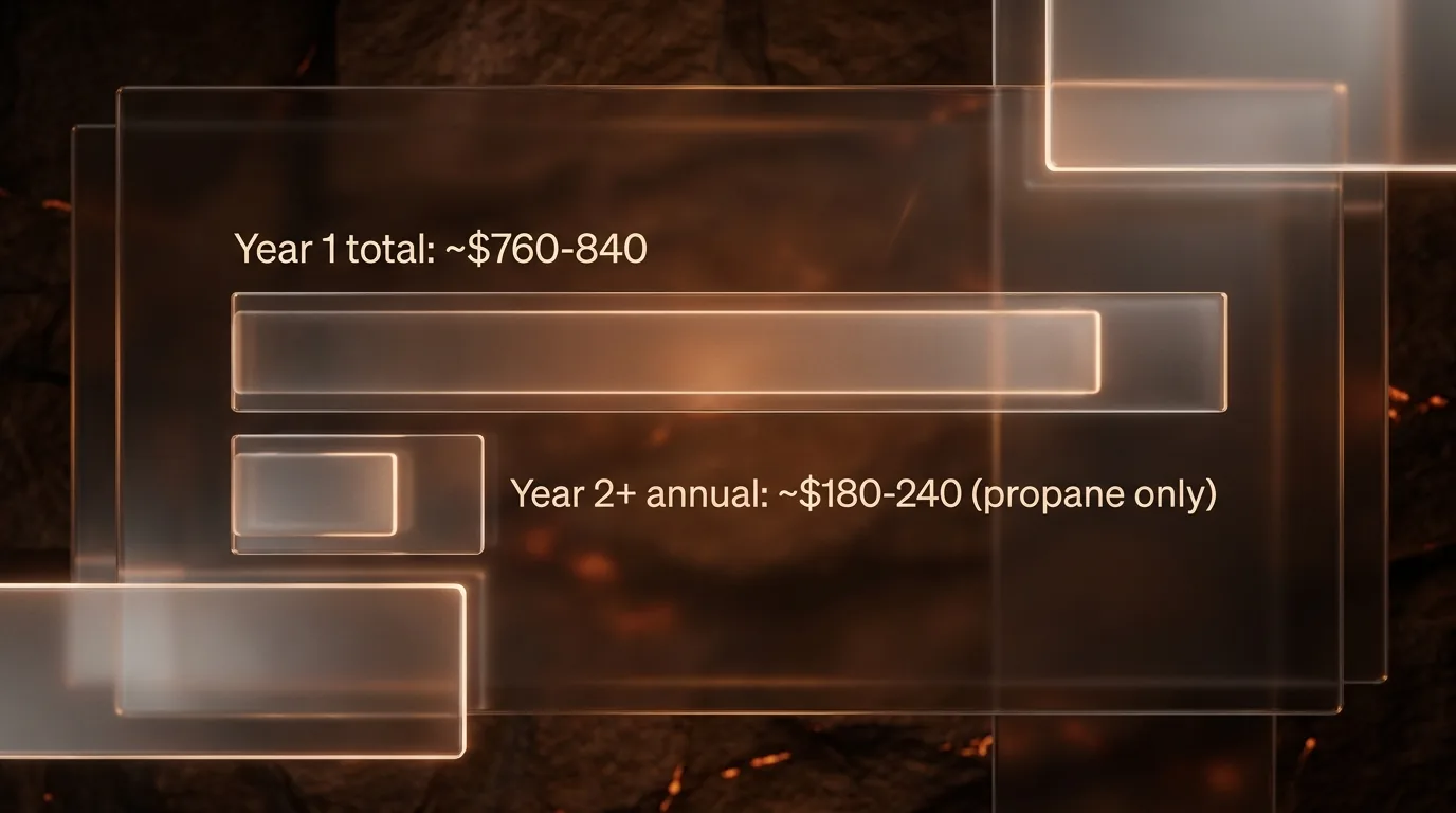 Cost-over-time infographic comparing first-year and ongoing annual costs of owning the oven