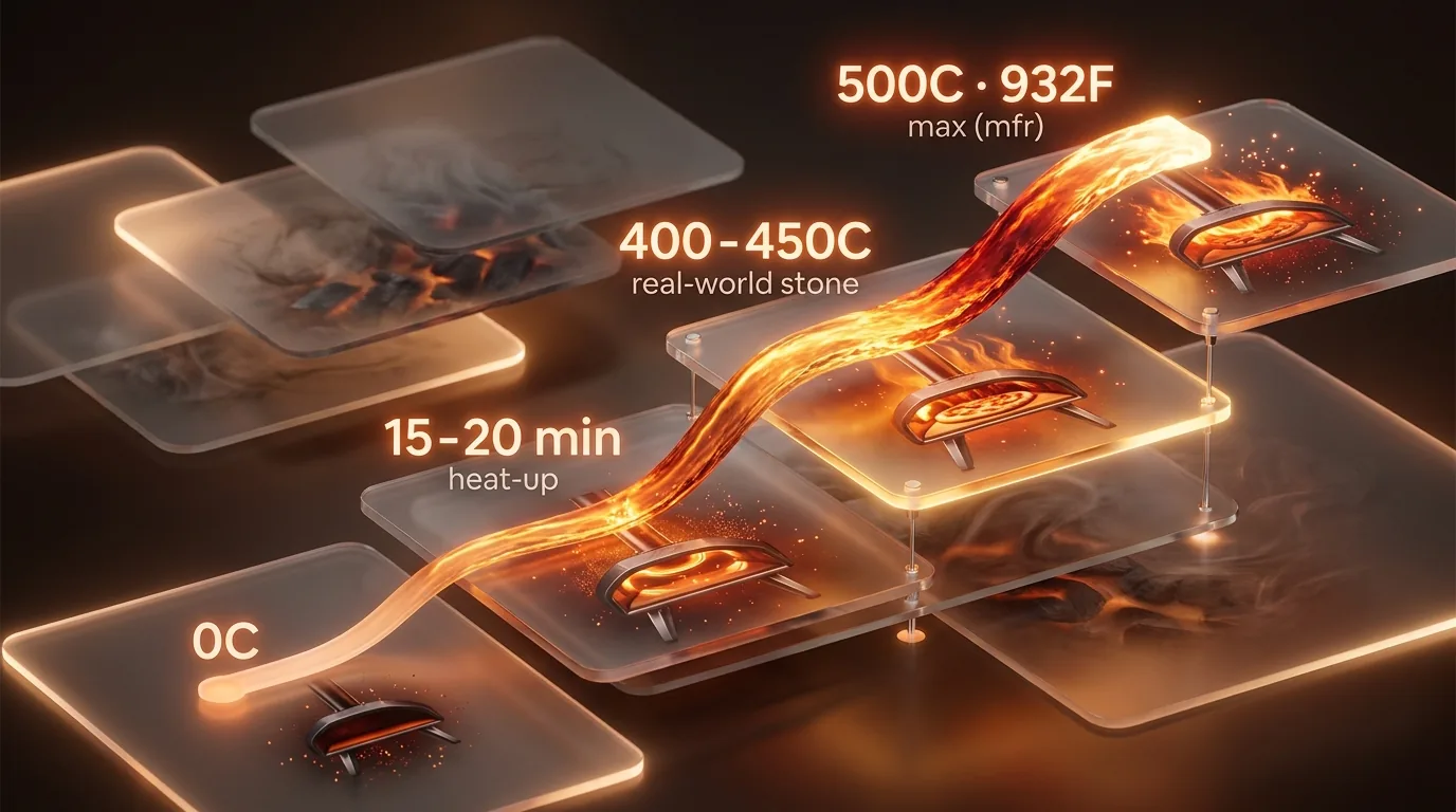 Infographic showing the Ooni Koda 12 heat-up curve from cold to launch-ready stone temperature