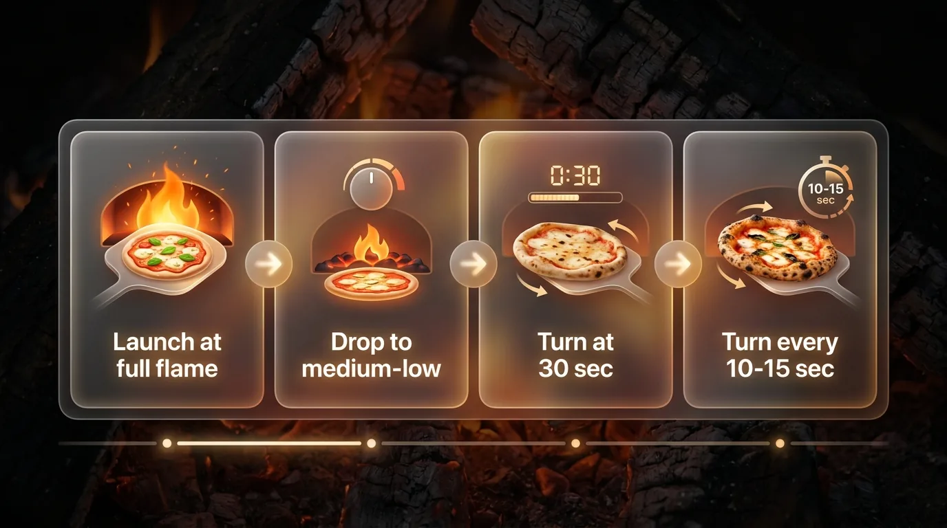 Four-step diagram of the launch and turn technique for cooking pizza in a small gas oven