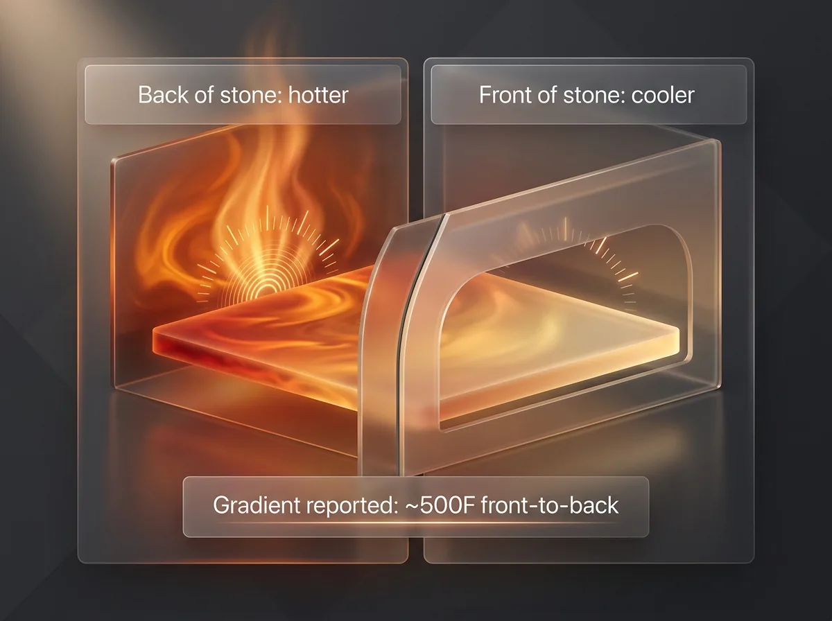 Diagram showing the front-to-back heat gradient inside a compact gas pizza oven chamber