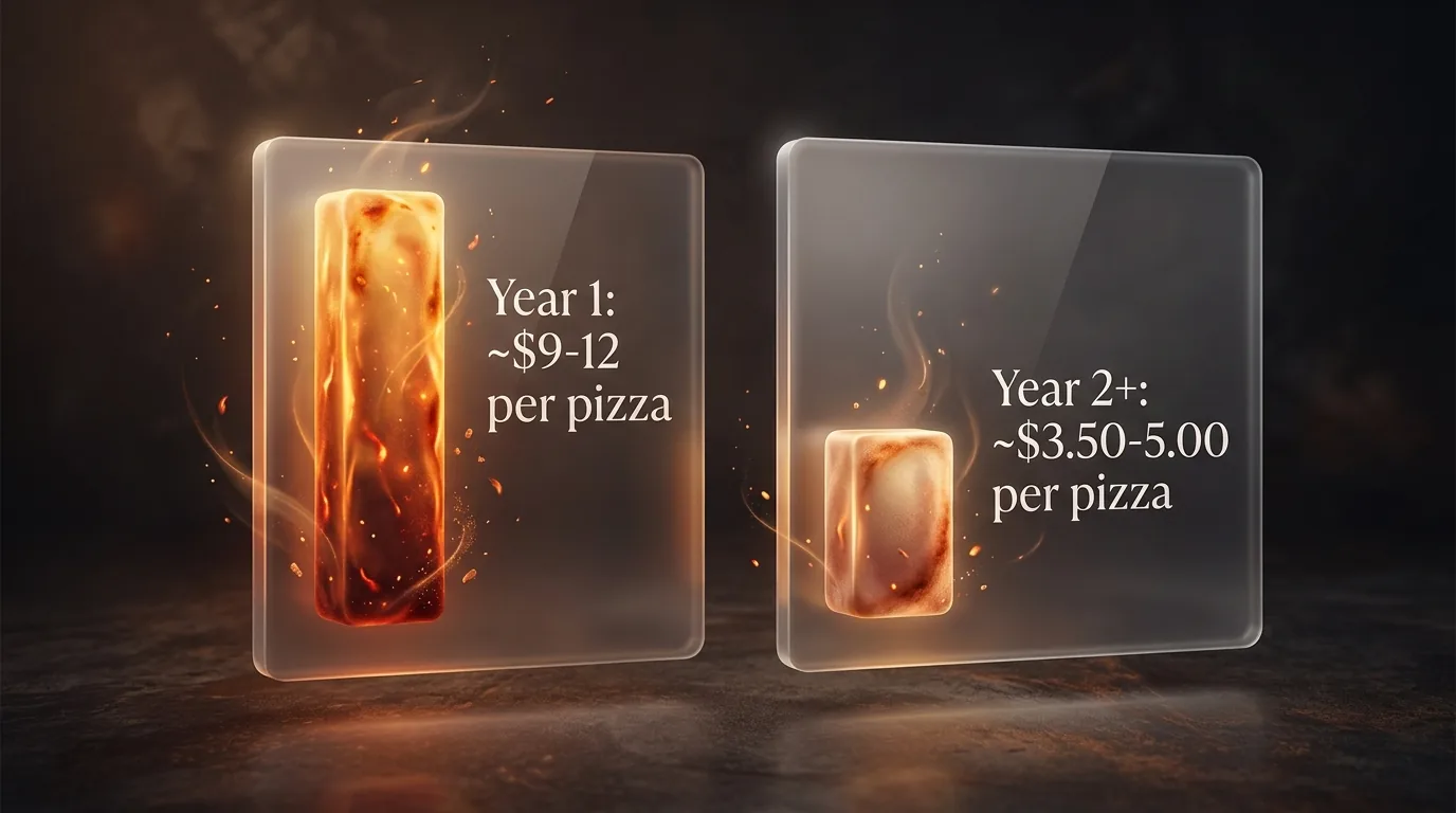Bar chart showing cost per pizza falling from year one to year two of oven ownership