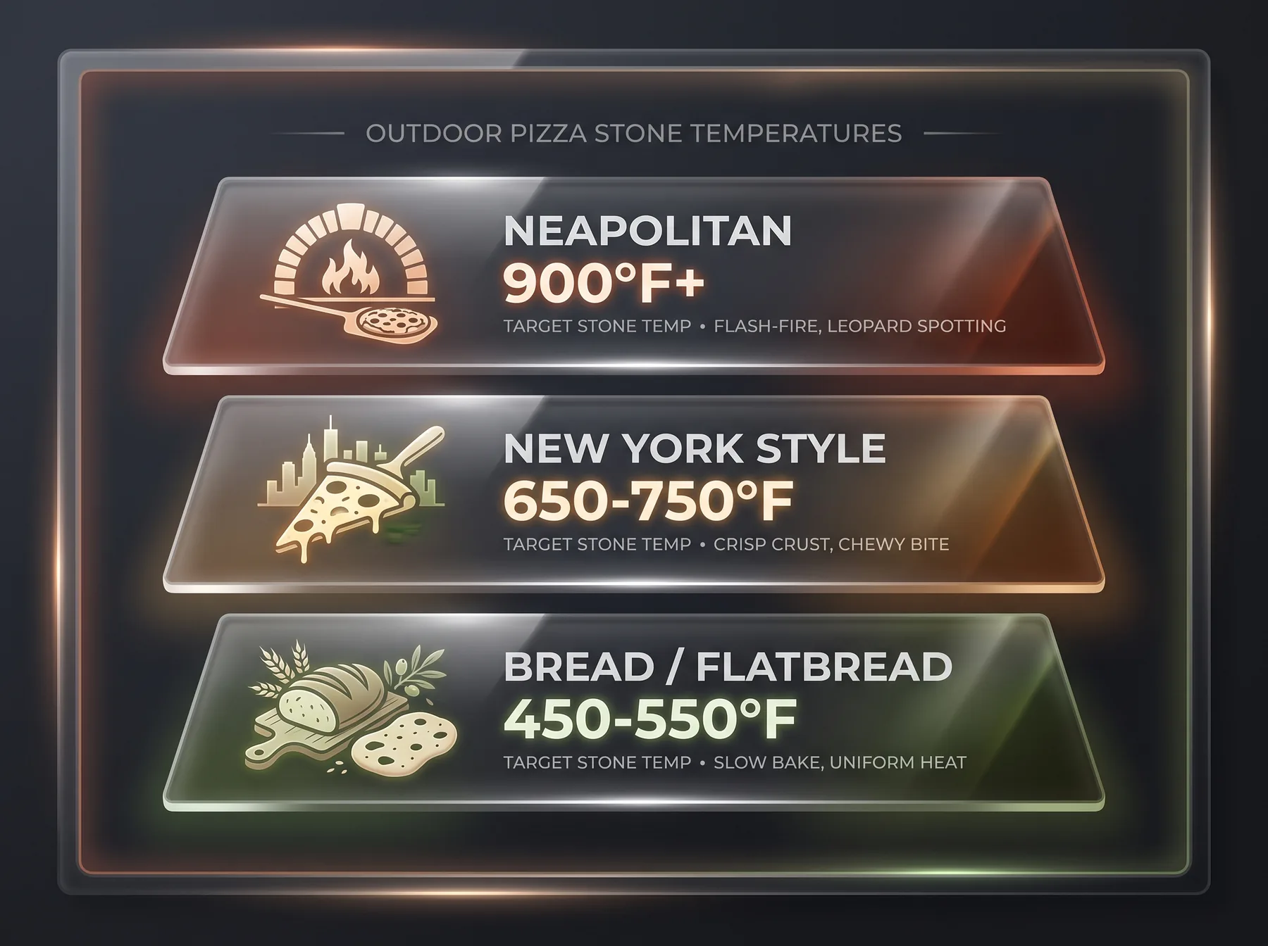 Infographic listing pizza styles matched to ideal stone temperatures