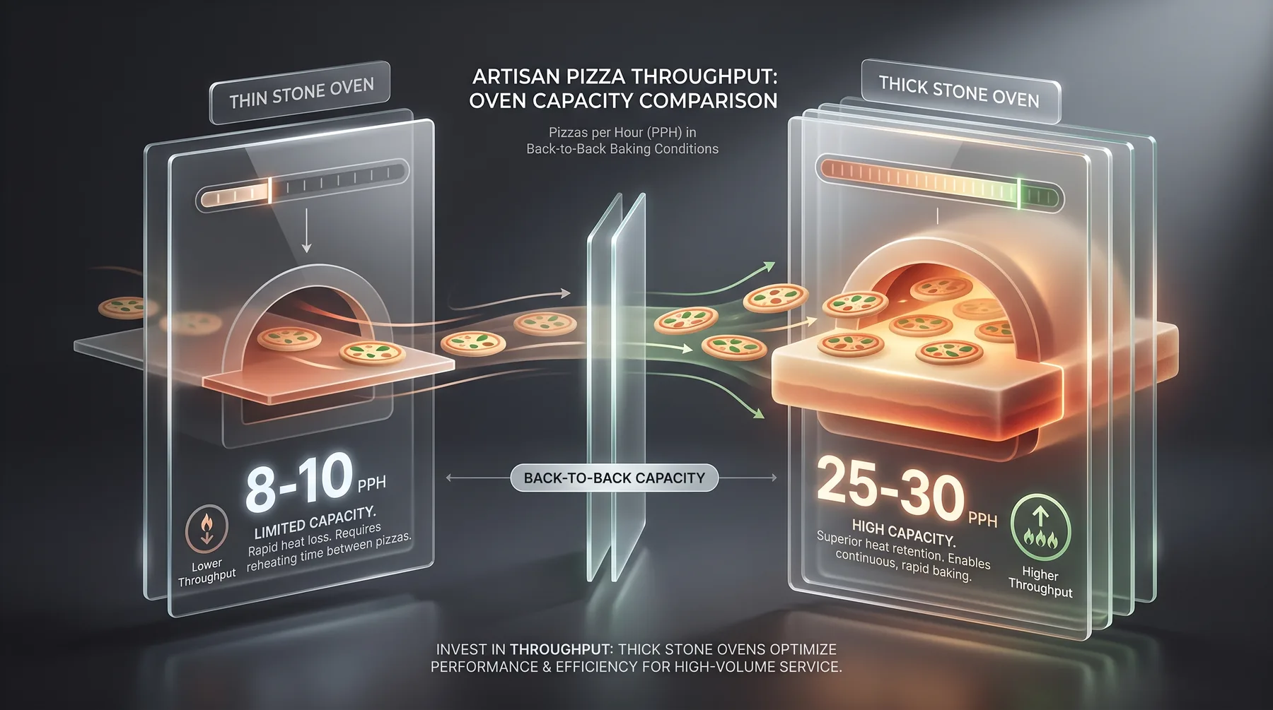 Bar chart comparing pizzas cooked per hour between two gas pizza ovens