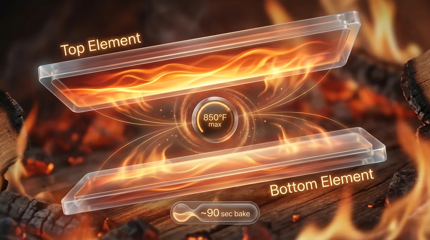Glassmorphic infographic showing adaptive top and bottom heat balancing inside an electric pizza oven