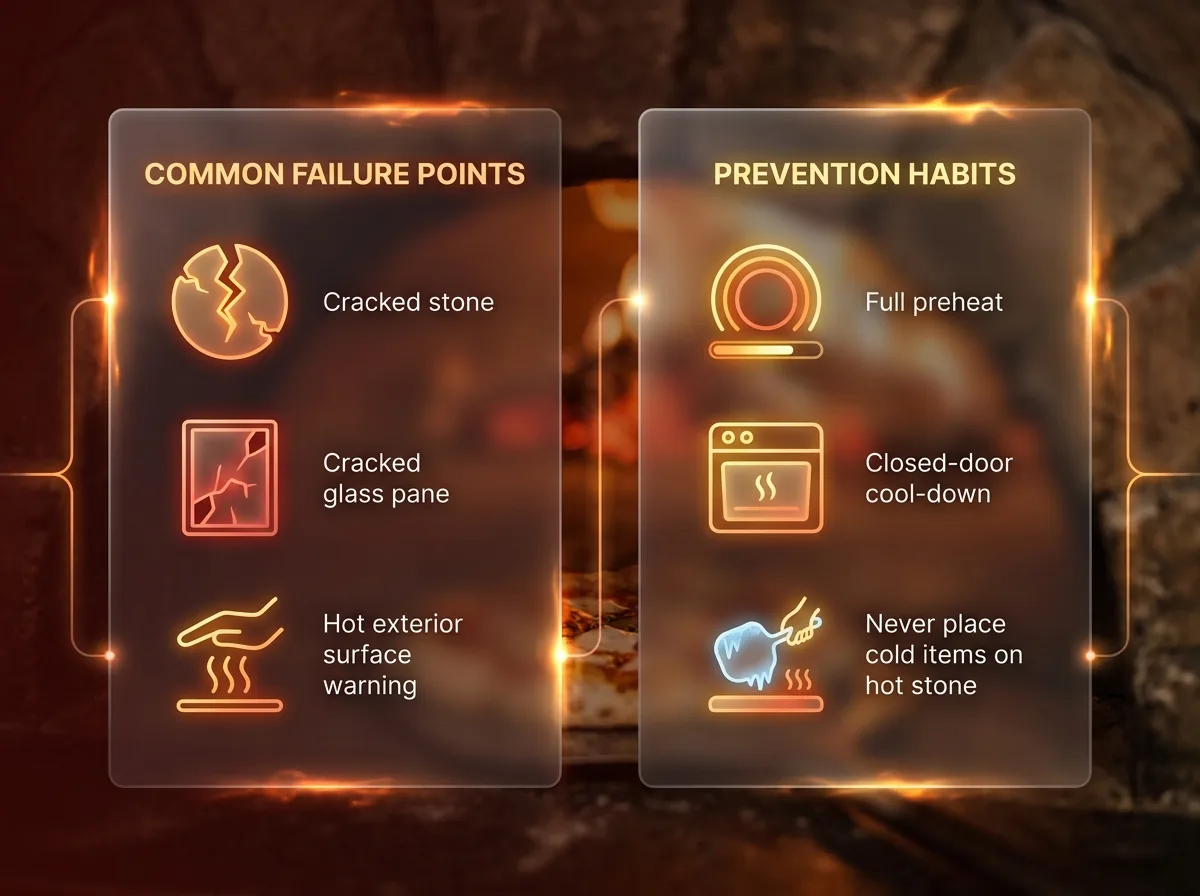 Two-column glassmorphic infographic comparing pizza oven failure points against prevention habits