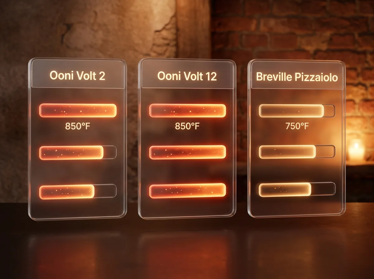 Glassmorphic three-column infographic comparing max temperature between Ooni Volt 2, Volt 12, and Breville Pizzaiolo