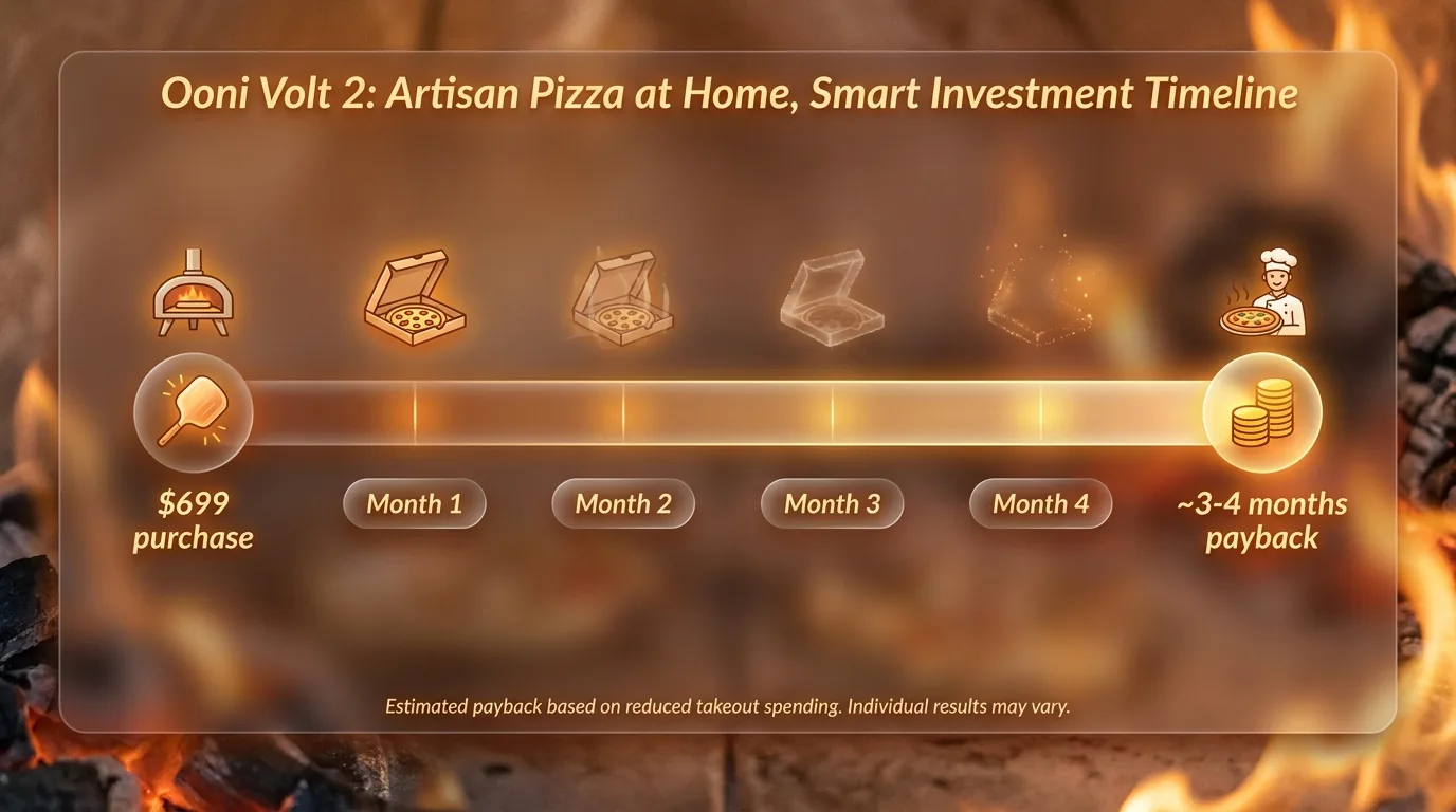 Glassmorphic timeline infographic showing a roughly 3-4 month payback period for the pizza oven purchase